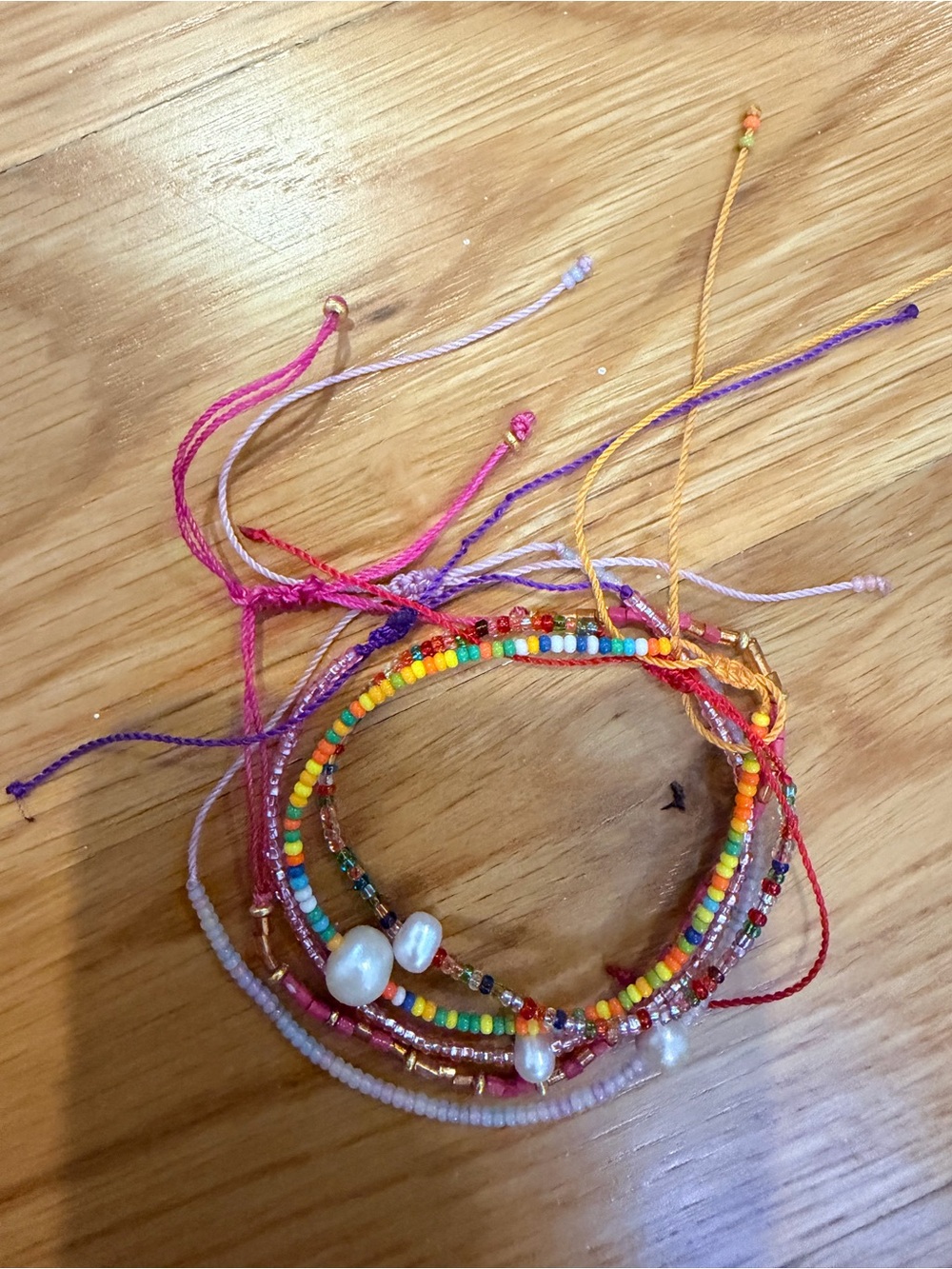 Multicolor beaded with single pearl adjustable bracelet - Set of 5